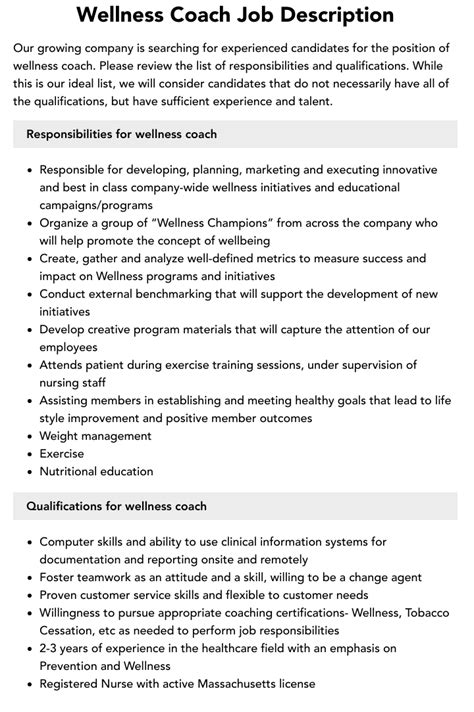 Health Coach Job Description