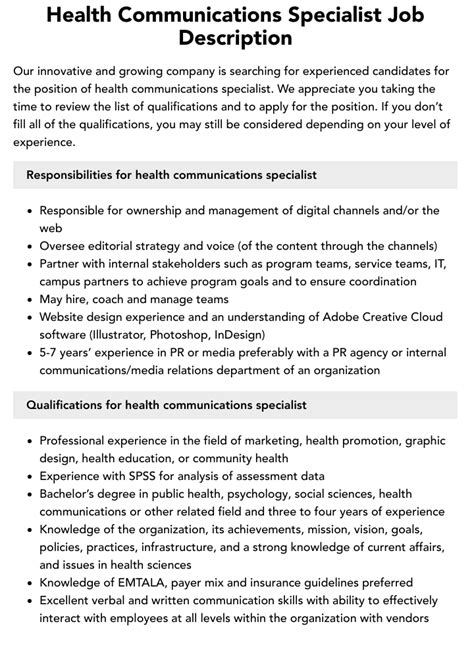 Health Communications Job Description