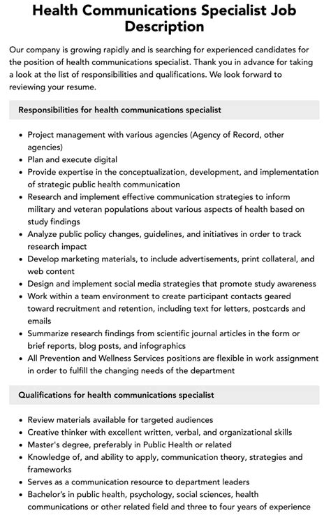 Health Communications Specialist Job Description Velvet Jobs