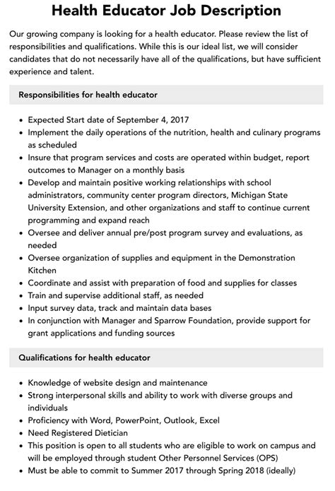 Health Education Job Description