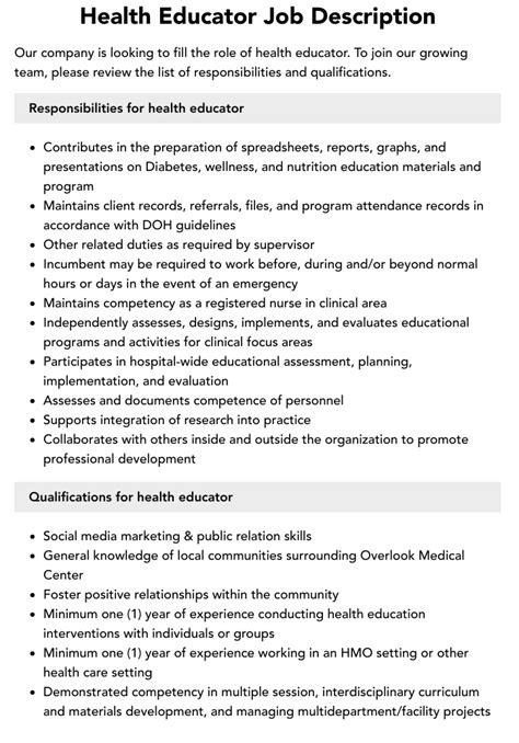 Health Educator Job Requirements