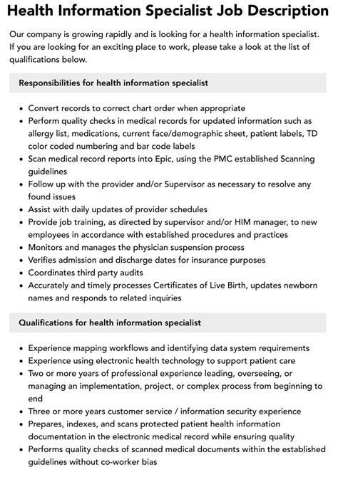 Health Information Specialist Description