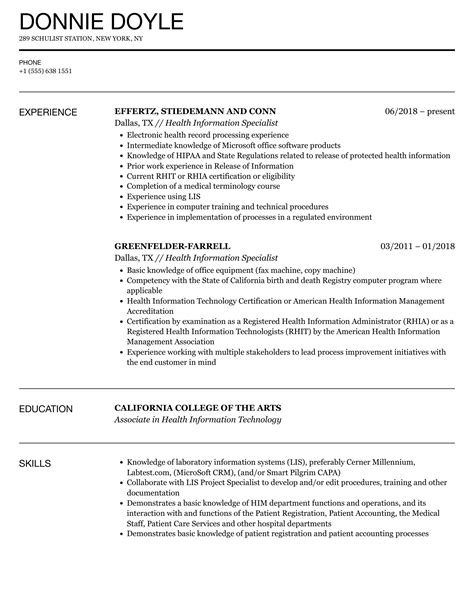 Health Information Specialist Resume