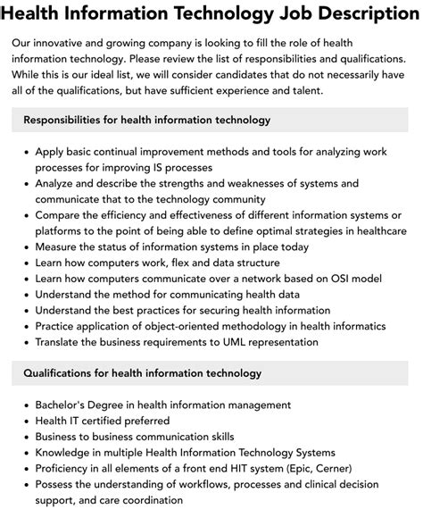 Health Information Technology Job Descriptions