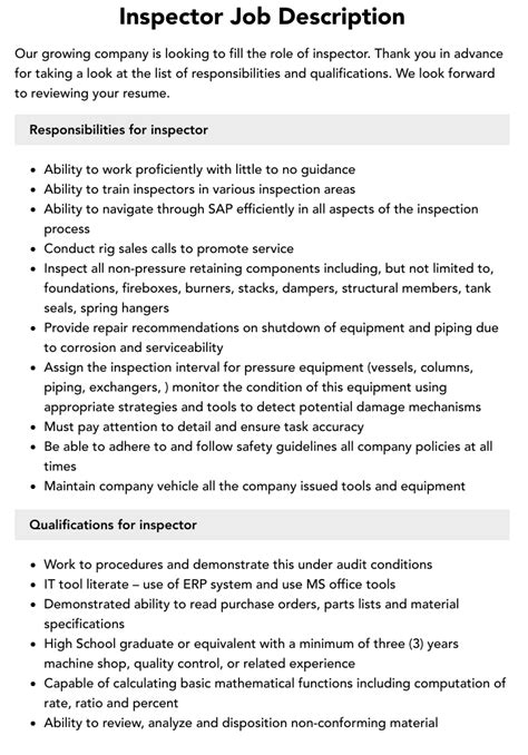 Health Inspector Job Description