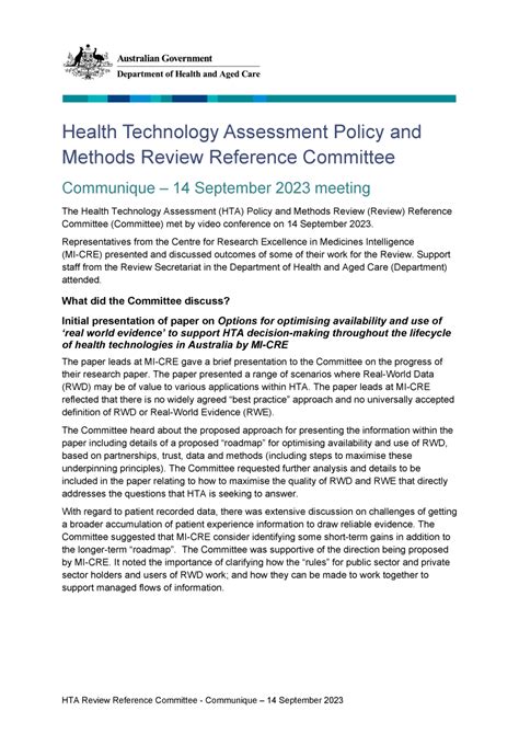 Health Technology Assessment Policy And Methods Review Reference Committee Communique 22 May 2023 Meeting Australian Government Department Of Health And Aged Care