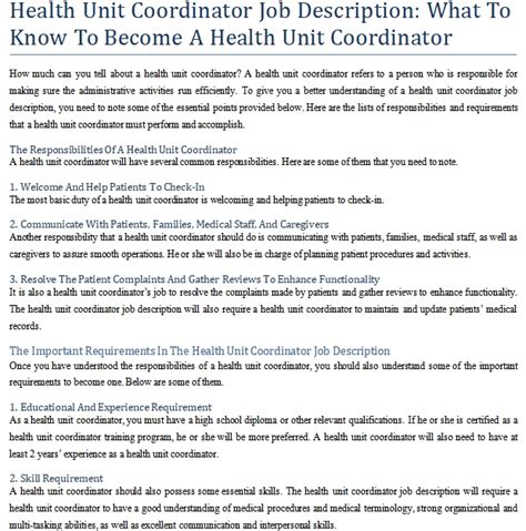 Health Unit Coordinator Requirements