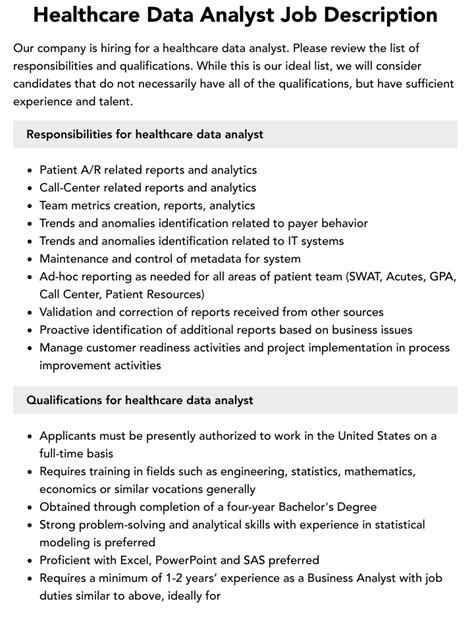 Healthcare Data Analyst Job Description