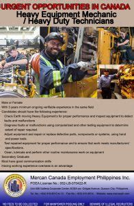 Heavy Equipment Mechanic Heavy Duty Technicians Mercan Canada Employment Philippines Inc