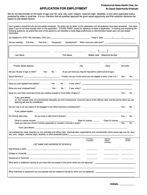 Home Health Aide Job Application