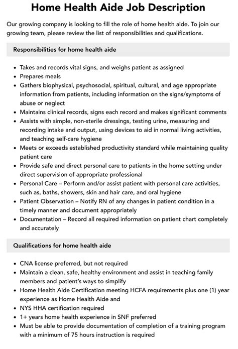 Home Health Care Job Description