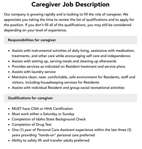 Home Health Caregiver Job Description