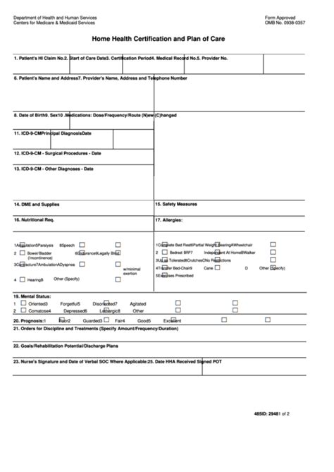 Home Health Certification And Plan Of Care Printable Pdf Download