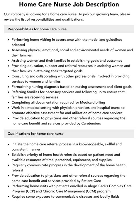 Home Health Nurse Job Description