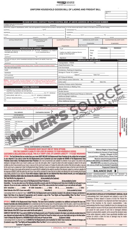 Household Goods Bill Of Lading 30 Custom