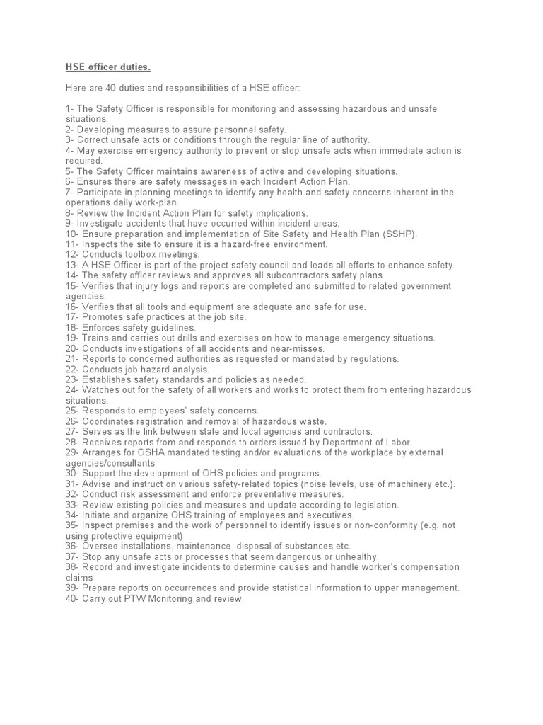 Hse Roles And Responsibilities Pdf