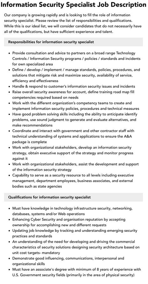 Information Security Specialist Job Description