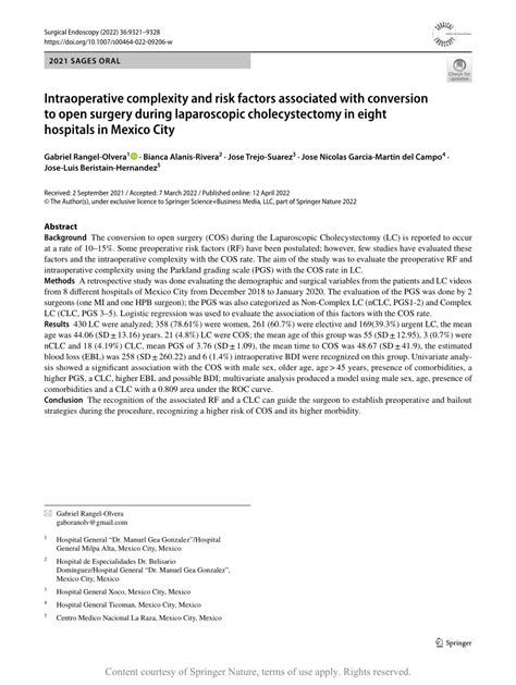 Intraoperative Complexity And Risk Factors Associated With Conversion To Open Surgery During Laparoscopic Cholecystectomy In Eight Hospitals In Mexico City Surgical Endoscopy