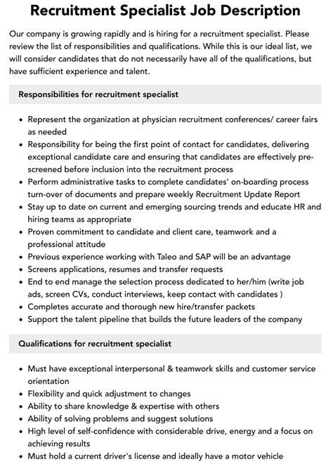 Job Context Of Recruitment Specialist