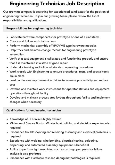 Job Description Engineering