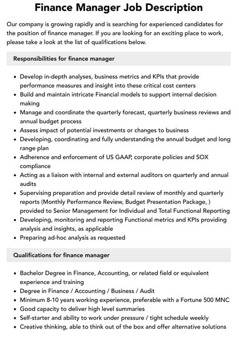 Job Requirements For Finance Manager