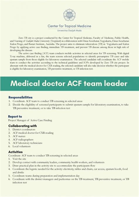 Job Vacancy Medical Doctor Acf Team Leader Tropmed Ugm