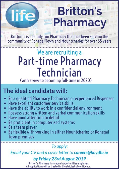 Job Vacancy Pharmacy Technician Required Part Time Donegal Daily