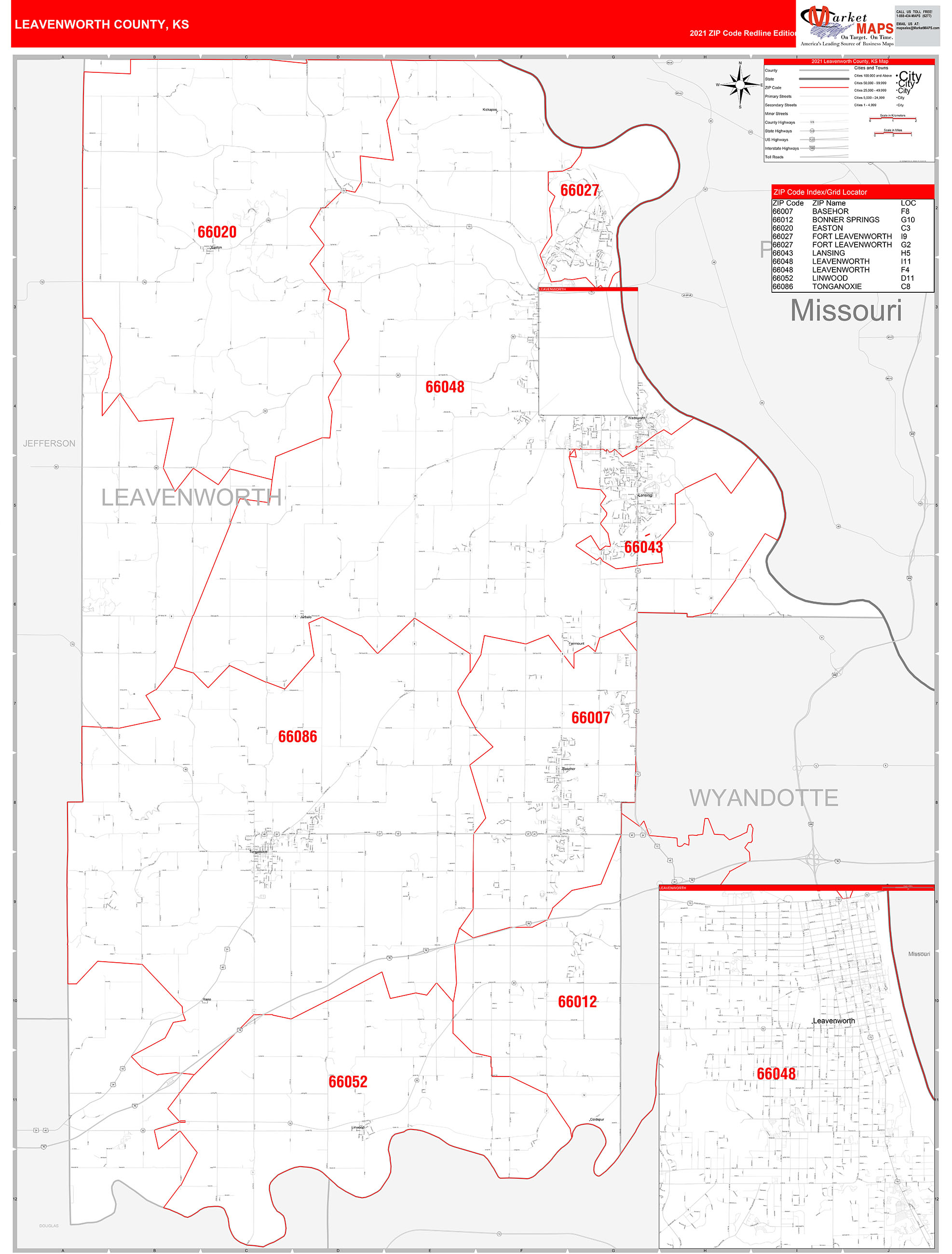 Leavenworth County Ks Zip Code Wall Map Red Line Style By Marketmaps Mapsales