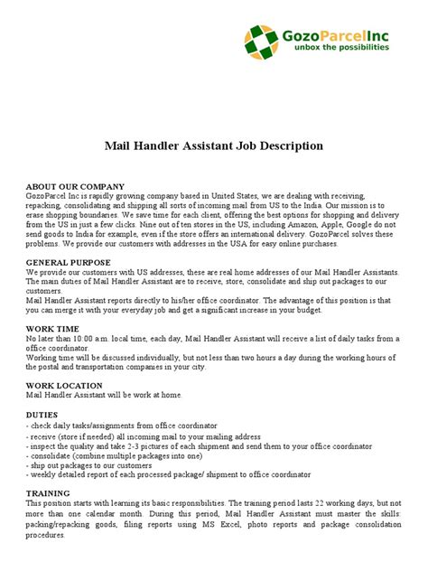 Mail Handler Assistant Job Duties