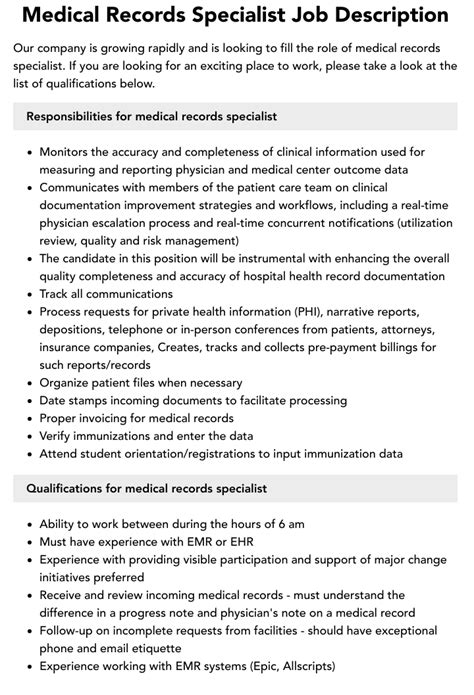 Medical Records Job Description Pdf