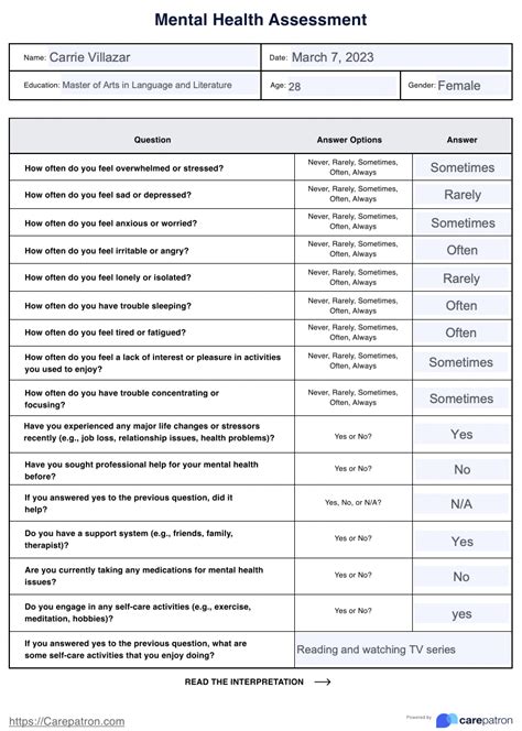 Mental Health Assessment Example Free Pdf Download