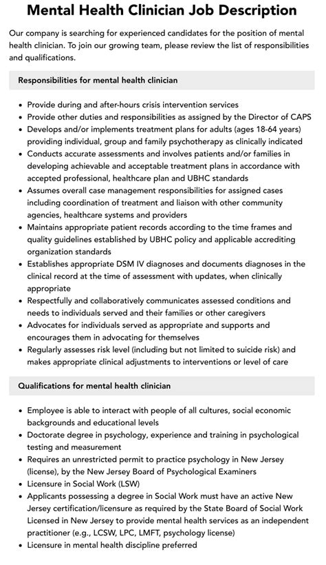 Mental Health Clinician Job Description