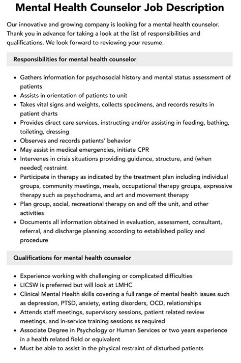 Mental Health Counselor Job Requirements