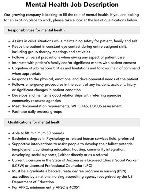 Mental Health Internship Job Description