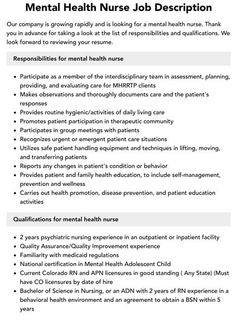 Mental Health Nurse Job Description