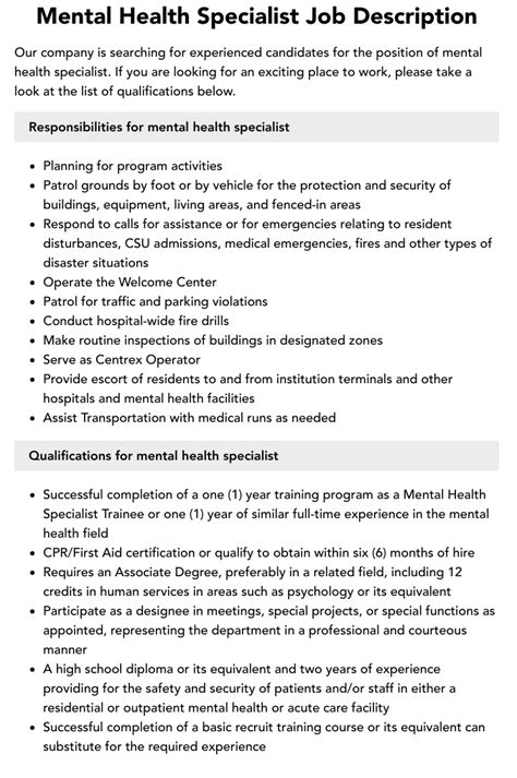 Mental Health Specialist Job Description