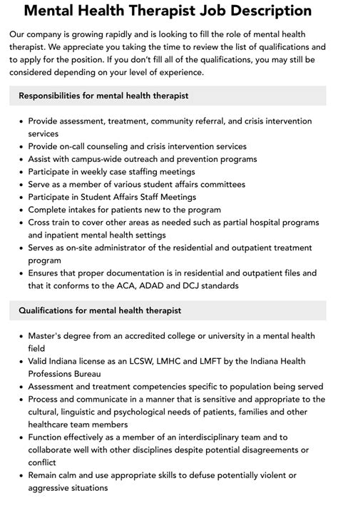 Mental Health Therapist Job Description