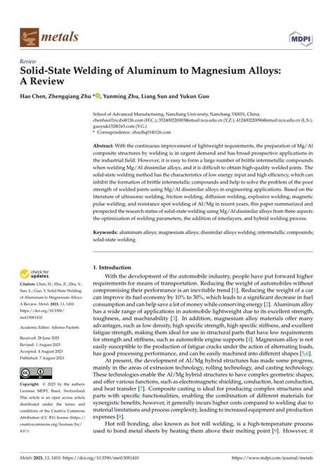 Metals Free Full Text Solid State Welding Of Aluminum To Magnesium Alloys A Review