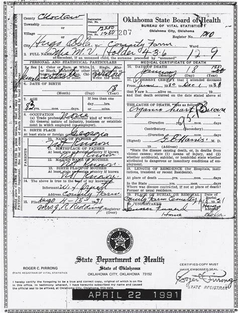 Miami County Ohio Death Certificate