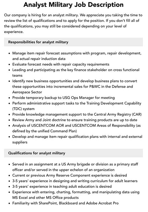 Military Job Description Velvet Jobs