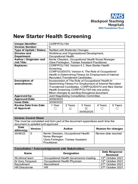 New Starter Health Assessment Form