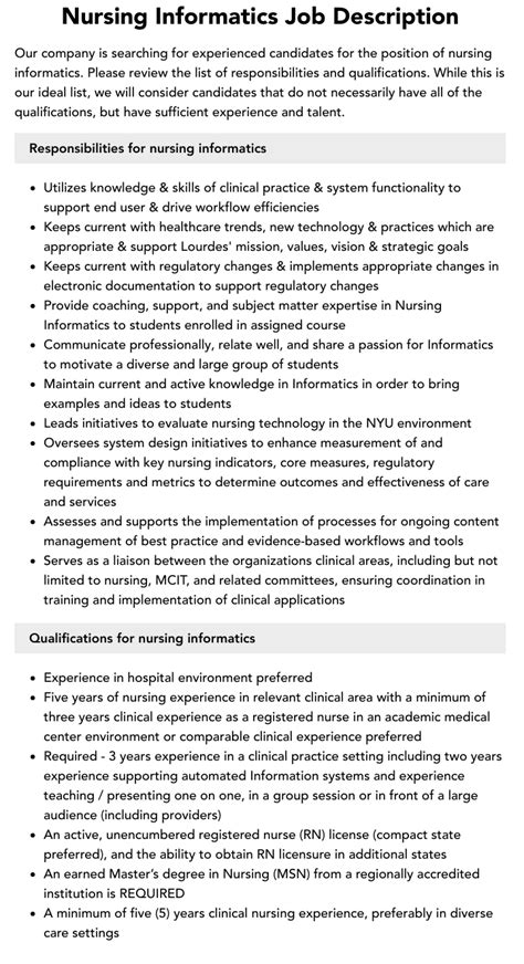 Nursing Informatics Job Description