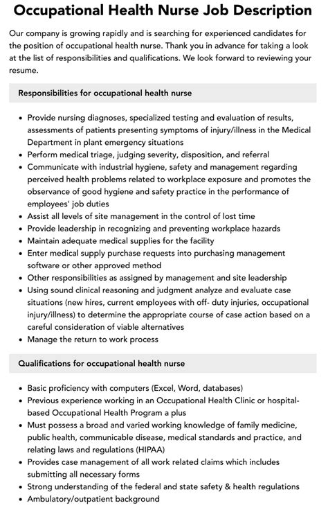 Occupational Health Nurse Job Description