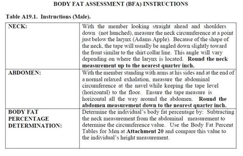 Passing The Body Fat Assessment Male Air Force Pt Test Standards