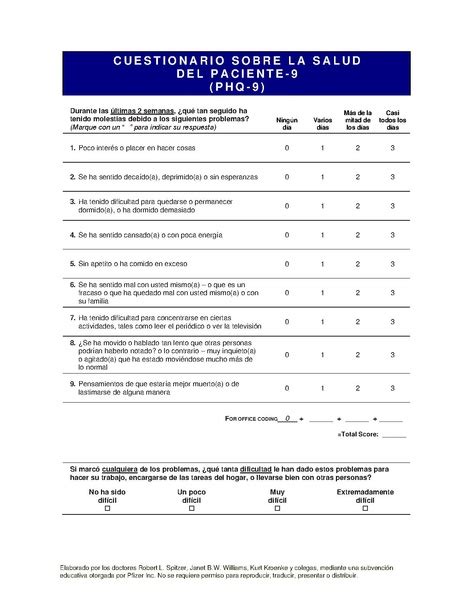 PHQ 9 Spanish Patient Health Questionnaire