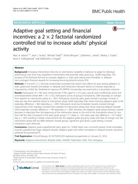 Pdf Adaptive Goal Setting And Financial Incentives A 2 2 Factorial Randomized Controlled Trial To Increase Adults Physical Activity