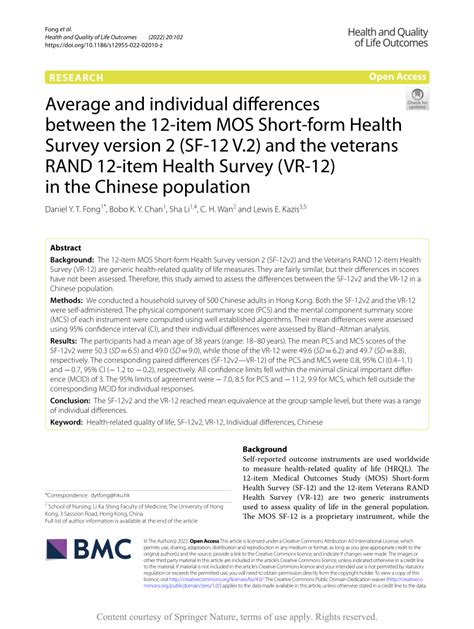 Pdf Average And Individual Differences Between The 12 Item Mos Short Form Health Survey Version 2 Sf 12 V 2 And The Veterans Rand 12 Item Health Survey Vr 12 In The Chinese Population