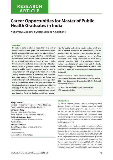 Pdf Career Opportunities For Master Of Public Health Graduates In India