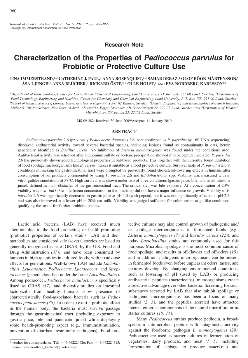 Pdf Characterization Of The Properties Of Pediococcus Parvulus For Probiotic Or Protective