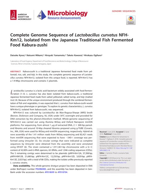 Pdf Complete Genome Sequence Of Lactobacillus Curvatus Nfh Km12 Isolated From The Japanese